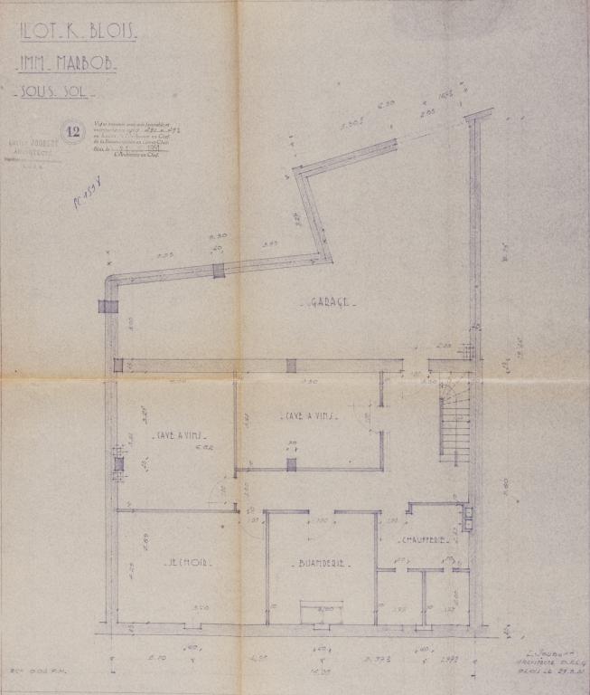 Plan du sous-sol de l'hôtel Marbob par Lucien Joubert, 27-03-1951. (Archives départementales de Loir-et-Cher, Blois, 1195 W 43).