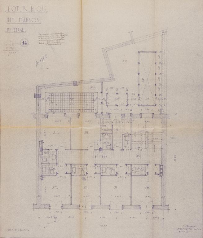 Plan du premier étage de l'hôtel Marbob par Lucien Joubert, probablement mars 1951. (Archives départementales de Loir-et-Cher, Blois, 1195 W 43).