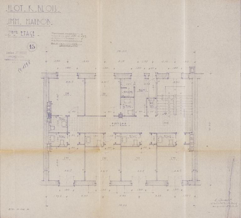 Plan du deuxième étage de l'hôtel Marbob par Lucien Joubert, 27-03-1951. (Archives départementales de Loir-et-Cher, Blois, 1195 W 43).