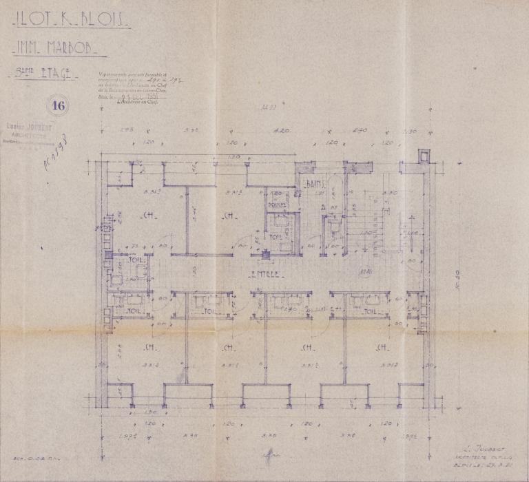 Plan du troisième étage de l'hôtel Marbob par Lucien Joubert, 27-03-1951. (Archives départementales de Loir-et-Cher, Blois, 1195 W 43).