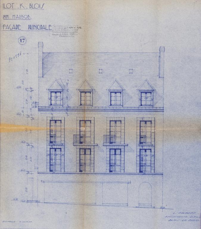 Façade principale sur la rue du Maréchal-de-Lattre-de-Tassigny, projet pour l'hôtel Marbob, par Lucien Joubert, 27-03-1951 (Archives départementales de Loir-et-Cher, Blois, 1195 W 43).