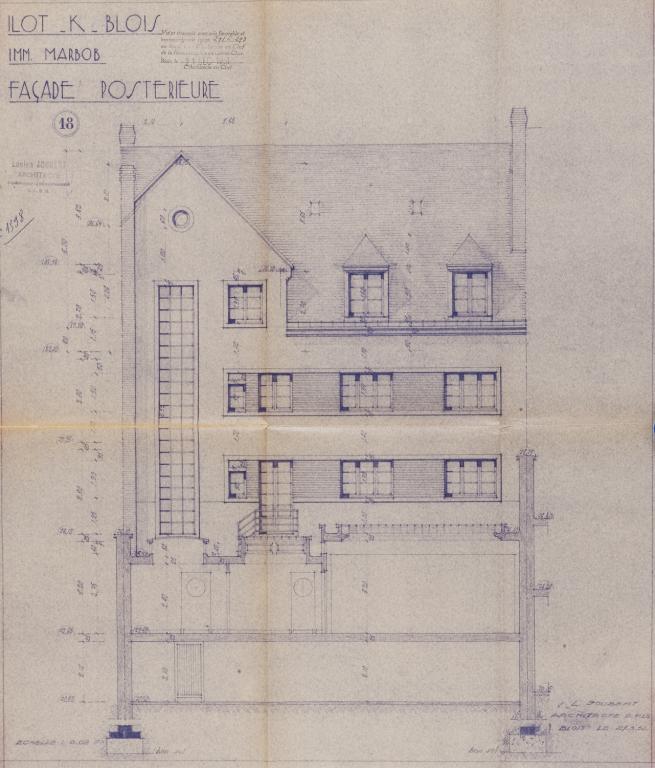 Façade sur cour, projet pour l'hôtel Marbob, par Lucien Joubert, 27-03-1951. (Archives départementales de Loir-et-Cher, Blois, 1195 W 43).