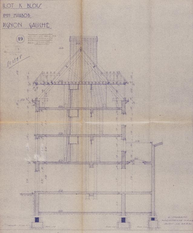 Coupe pignon gauche de l'hôtel Marbob, par Lucien Joubert, 27-03-1951. (Archives départementales de Loir-et-Cher, Blois, 1195 W 43).