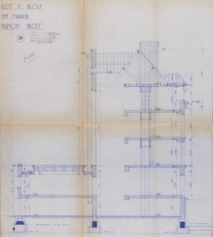 Coupe pignon droit de l'hôtel Marbob par Lucien Joubert, 27-03-1951. (Archives départementales de Loir-et-Cher, Blois, 1195 W 43).