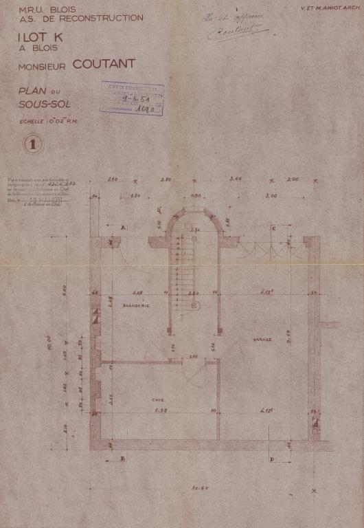 Plan du sous-sol du 6 rue Jeanne-d'Arc par Victor et Maurice Amiot, validé en juin 1951. (Archives départementales de Loir-et-Cher, Blois, 1195 W 43).