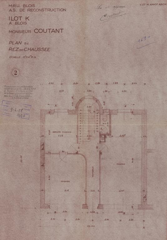 Plan du rez-de-chaussée du 6 rue Jeanne-d'Arc par Victor et Maurice Amiot, validé en juin 1951. (Archives départementales de Loir-et-Cher, Blois, 1195 W 43).