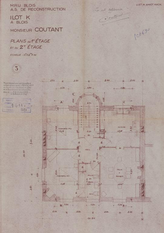 Plan des premier et second étages du 6 rue Jeanne-d'Arc par Victor et Maurice Amiot, validé en juin 1951. (Archives départementales de Loir-et-Cher, Blois, 1195 W 43).