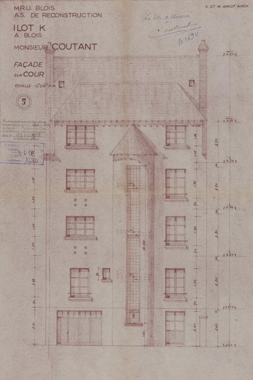 Façade sur cour du 6 rue Jeanne-d'Arc par Victor et Maurice Amiot, validé en juin 1951. (Archives départementales de Loir-et-Cher, Blois, 1195 W 43).