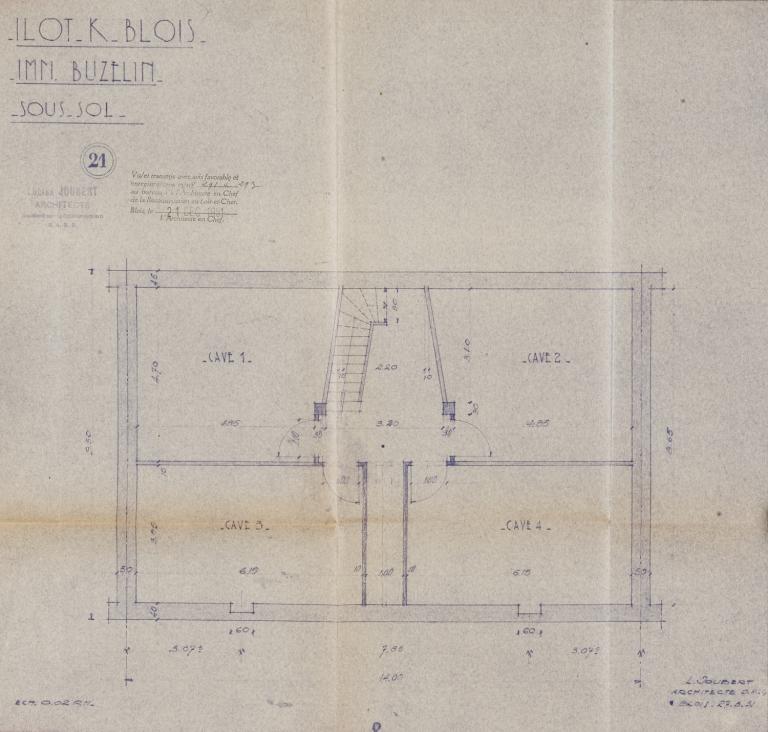 Plan du sous-sol par Lucien Joubert, 27-03-1951. (Archives départementales de Loir-et-Cher, Blois, 1195 W 43).