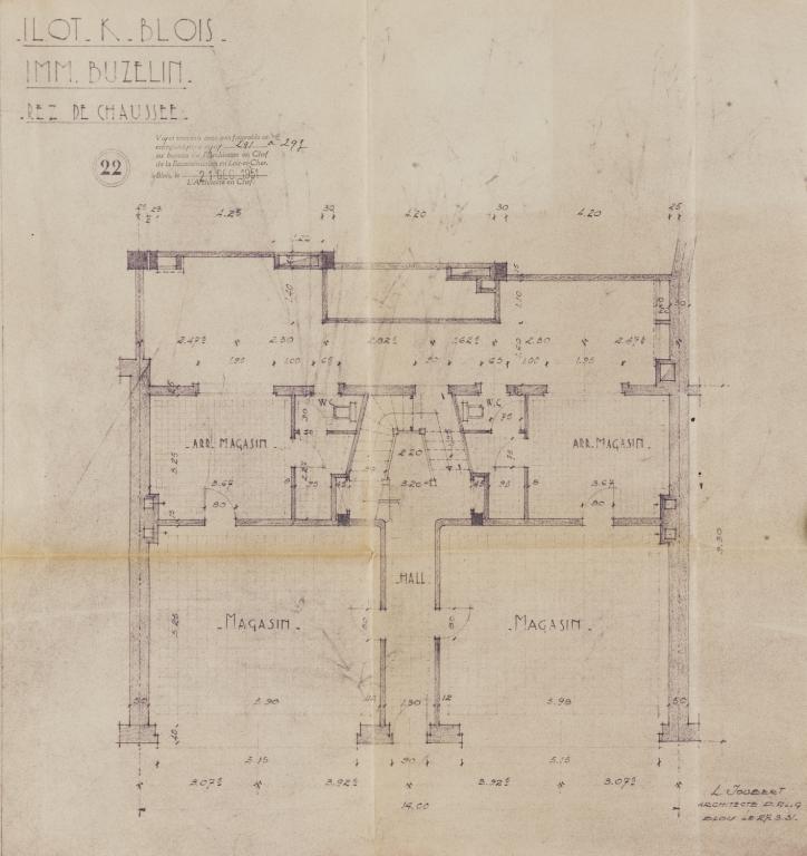 Plan du rez-de-chaussée par Lucien Joubert, 27-03-1951. (Archives départementales de Loir-et-Cher, Blois, 1195 W 43).