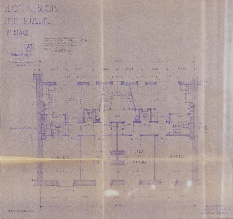 Plan du premier étage par Lucien Joubert, 27-03-1951. (Archives départementales de Loir-et-Cher, Blois, 1195 W 43).