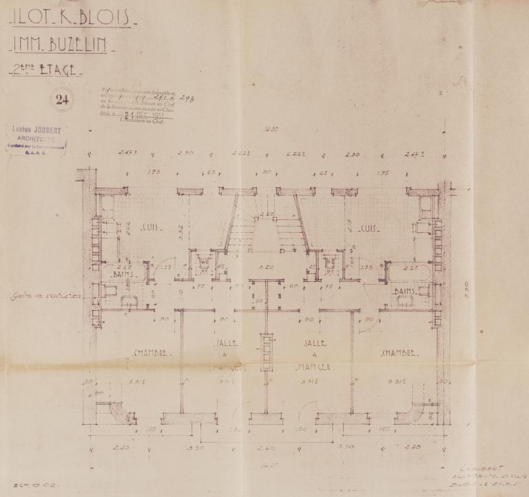 Plan du deuxième étage par Lucien Joubert, 27-03-1951. (Archives départementales de Loir-et-Cher, Blois, 1195 W 43).