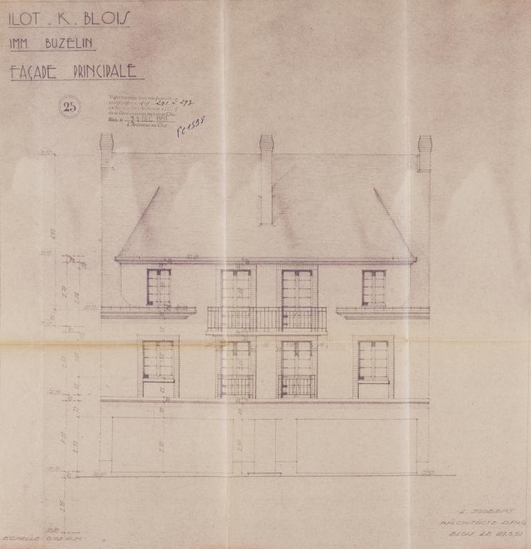 Façade principale sur la rue Henry-Drussy par Lucien Joubert, 27-03-1951. (Archives départementales de Loir-et-Cher, Blois, 1195 W 43).