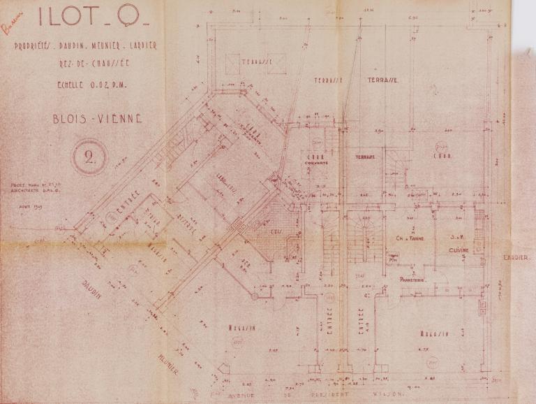 Plan du rez-de-chaussée par Marc Paget, 08-1949. (Archives départementales de Loir-et-Cher, Blois, 1195 W 43).