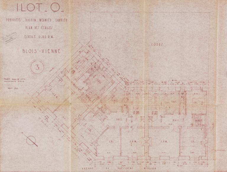 Plan des étages par Marc Paget, 08-1949. (Archives départementales de Loir-et-Cher, Blois, 1195 W 43).