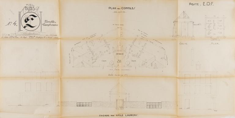 Plan des combles et du transformateur par Marc Paget, 10-1953. (Archives départementales de Loir-et-Cher, Blois, 1195 W 43).