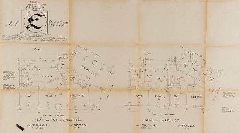 Plan du rez-de-chaussée et du sous-sol par Marc Paget, 10-1953. (Archives départementales de Loir-et-Cher, Blois, 1195 W 43).