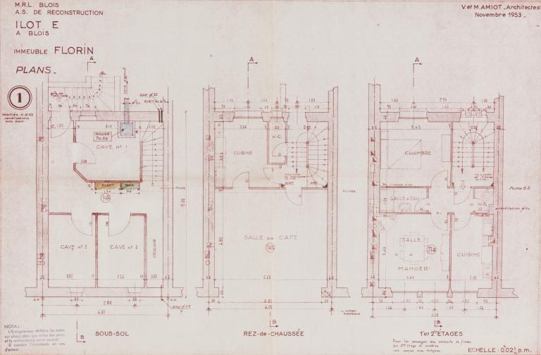 Plan des sous-sol, rez-de-chaussée et premier et second étages de l'immeuble du 8 rue des Orfèvres, par V. et M. Amiot, 11-1953. (Archives départementales de Loir-et-Cher, Blois, 1195 W 43).