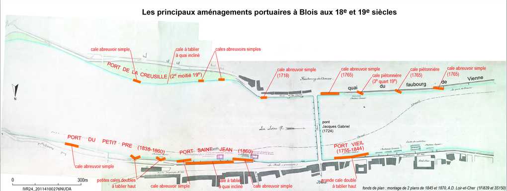 Les principaux aménagements portuaires à Blois aux XVIIIe et XIXe siècles (fonds de plan de 1845 et 1870).