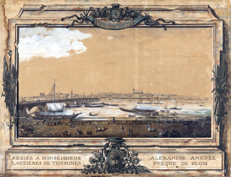Vüe de Blois, dédiée à Monseigneur Lauzières de Thémines, évêque de Blois, par son humble serviteur Gauché. Dessiné d'après nature par Mandar, copié par Gauché en 1784. (musée des Beaux Arts, Blois, Inv. 2010.O.369).