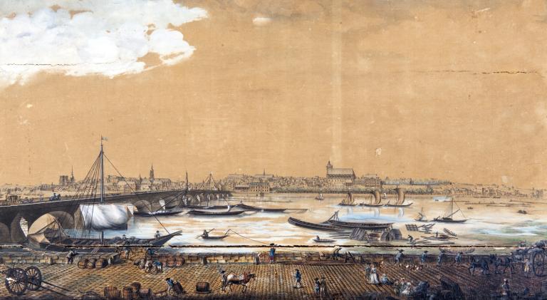 Vüe de Blois dédiée à Monseigneur Lauzières de Themines, évêque de Blois, dessiné d'après nature par Mandar, copié par Gauché en 1784. Détail du chantier de la Creusille. (musée des Beaux Arts, Blois, Inv. 2010.O.369).