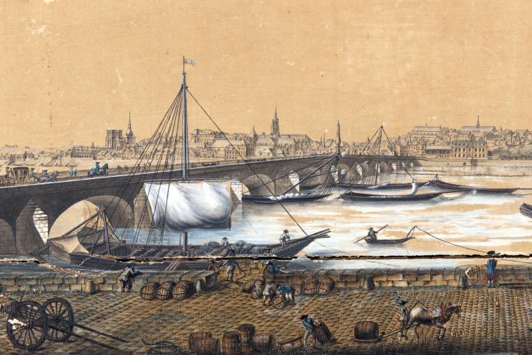 Vüe de Blois, dédiée à Monseigneur Lauzières de Thémines, évêque de Blois, par son humble serviteur Gauché. Dessiné d'après nature par Mandar, copié par Gauché en 1784. Détail. (musée des Beaux Arts, Blois, Inv. 2010.O.369).