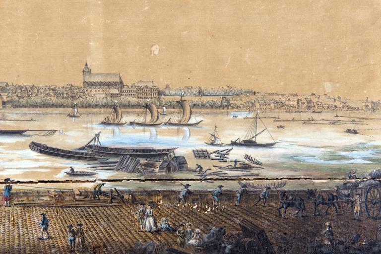 Vüe de Blois dédiée à Monseigneur Lauzières de Themines, évêque de Blois, dessiné d'après nature par Mandar, copié par Gauché en 1784. Détail du chantier de la Creusille. (musée des Beaux Arts, Blois, Inv. 2010.O.369).