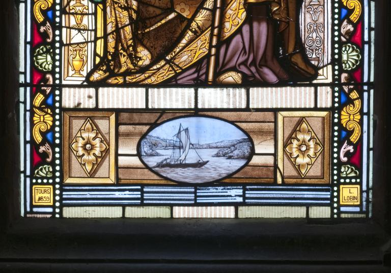 Eglise paroissiale Saint-Saturnin de Blois : vitrail du choeur (côté sud) représentant une gabarre de Loire, 1859, atelier L. Lobin de Tours. Détail.