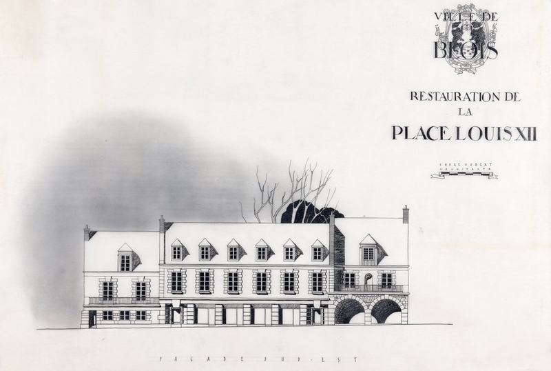 Etude spéciale d'architecture par André Aubert : façade sud-est de la place Louis-XII, 1943. (Archives municipales de Blois, 13 Z 10).