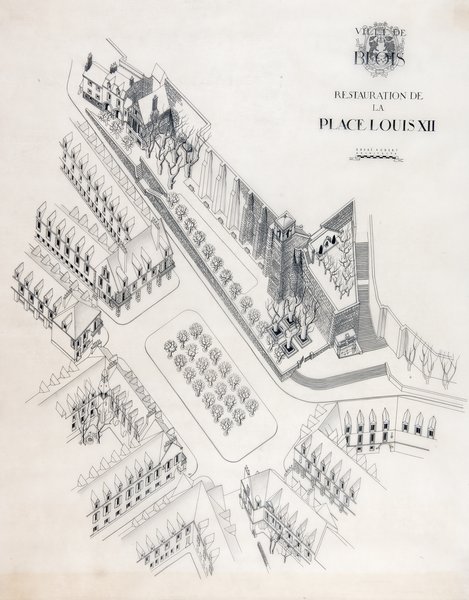 L'îlot A dans l'étude spéciale d'André Aubert, 1943. (Archives municipales de Blois, 13 Z 10). ; Etude spéciale d'architecture par André Aubert : vue cavalière, 1943. (Archives municipales de Blois, 13 Z 10).