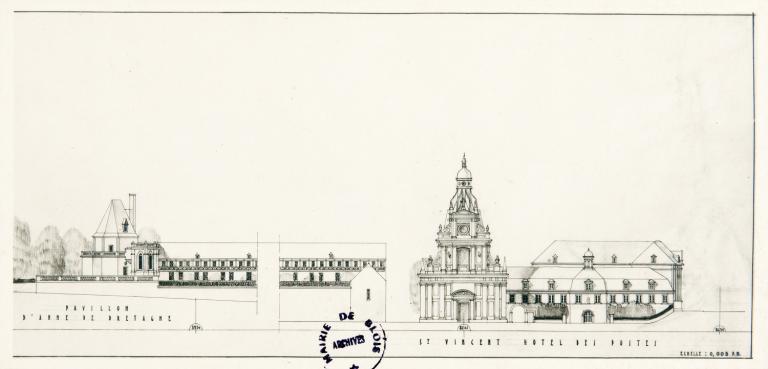 Etude spéciale d'architecture par Nicod et Billard : coupe sur l'avenue Victor-Hugo, 1942-43. (Archives municipales de Blois, 12 Fi 1).