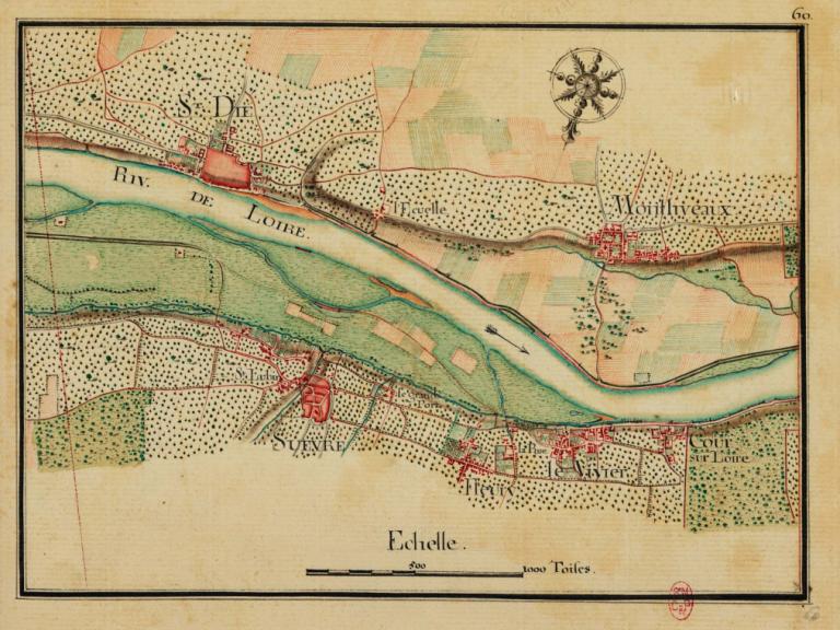 Carte du cours de la Loire depuis Coulanges jusqu'au Pont de Cé, vers 1755. Détail sur Saint-Dyé et Cour-sur-Loire. (bibliothèque nationale, Cartes et Plans, Ge FF 17578 (res)). ; Carte du cours de la Loire depuis Coulanges jusqu'au Pont de Cé, vers 1755. Détail sur Saint-Dyé et Cour-sur-Loire. (bibliothèque nationale, Cartes et Plans, Ge FF 17578 (res)). ;