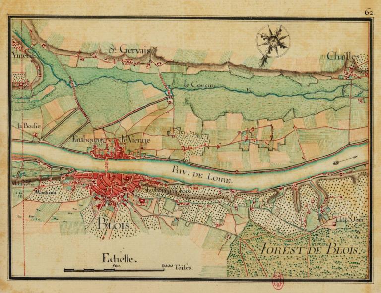 Carte du cours de la Loire depuis Coulanges jusqu'au Pont de Cé, vers 1755. Détail sur Blois. (bibliothèque nationale, Cartes et Plans, Ge FF 17578 (res)).