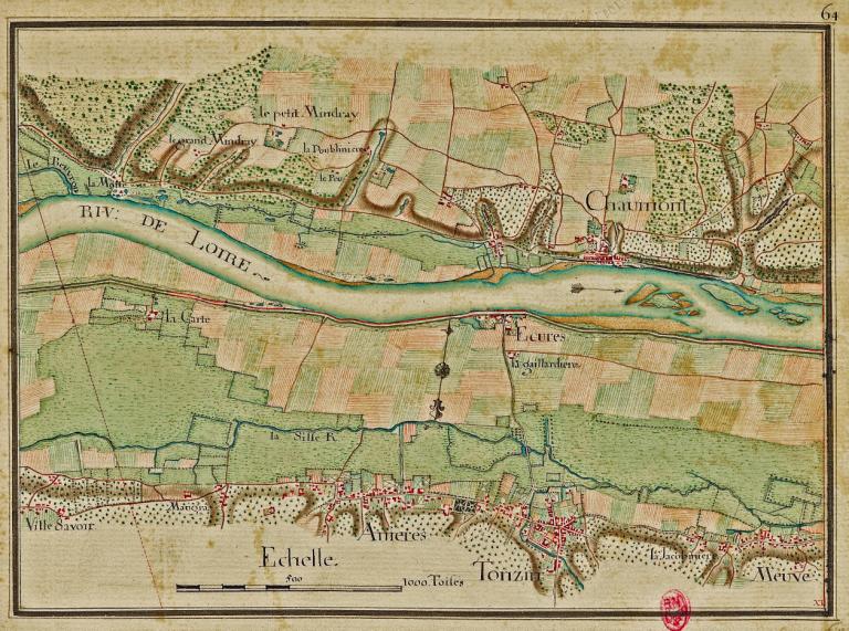 Carte du cours de la Loire depuis Coulanges jusqu'au Pont de Cé, vers 1755. Détail sur Chaumont-sur-Loire. (bibliothèque nationale, Cartes et Plans, Ge FF 17578 (res)).