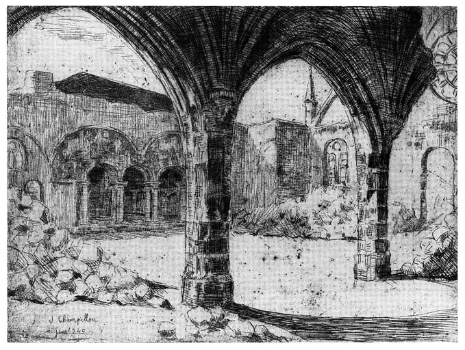 Eau-forte : la chapelle Notre-Dame des Miracles après les bombardements de 1940