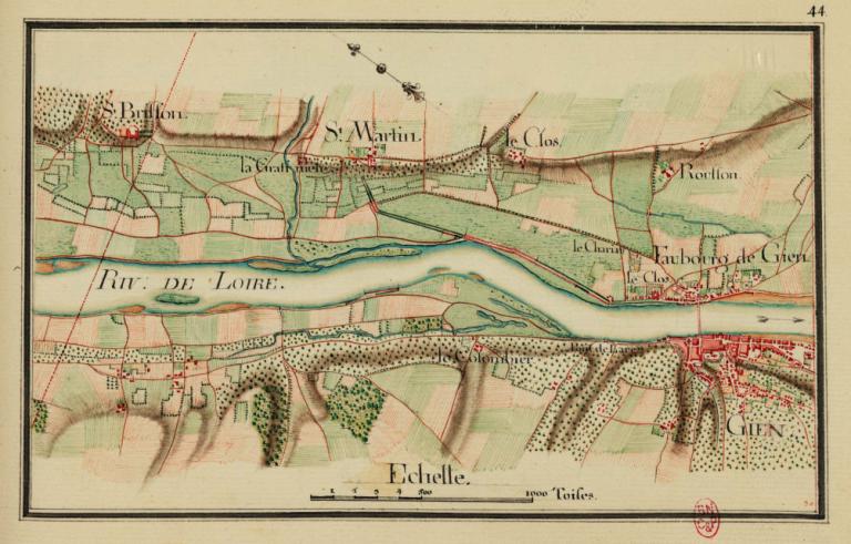 Carte du cours de la Loire depuis Coulanges jusqu'au Pont de Cé, vers 1755. Détail sur Gien. (bibliothèque nationale de France, Cartes et Plans, Ge FF 17578 (res)).