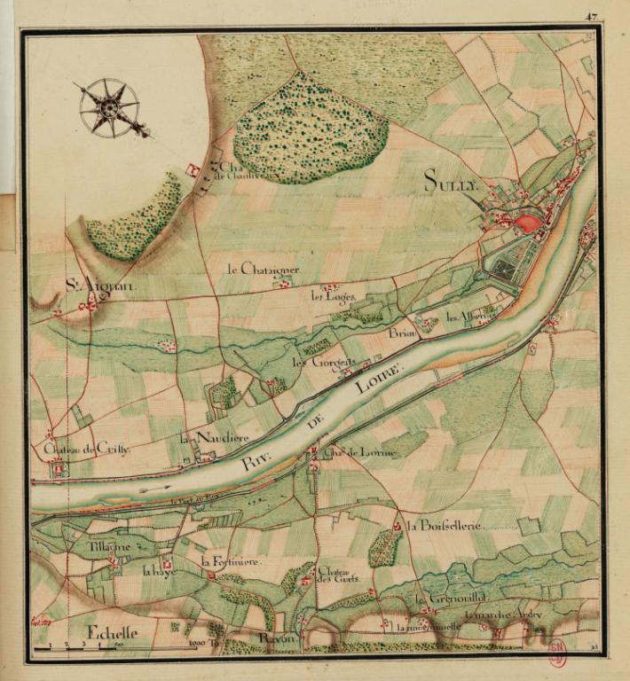 Carte du cours de la Loire depuis Coulanges jusqu'au Pont de Cé, vers 1755. Détail sur Sully-sur-Loire. (bibliothèque nationale de France, Cartes et Plans, Ge FF 17578 (res)).