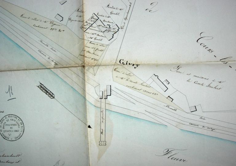 Plan du pont suspendu de Givry et de ses abords, 13 mars 1844, détail. (centre d'exploitation de Saint-Satur, subdivision de la direction départementale des territoires de la Nièvre). ; Plan du pont suspendu de Givry et de ses abords, 13 mars 1844, détail. (centre d'exploitation de Saint-Satur, subdivision de la direction départementale des territoires de la Nièvre).