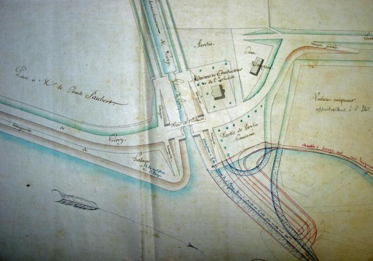 Plan de l'écluse de jonction de Givry et de ses abords, 28 juin 1856. (centre d'exploitation de Saint-Satur, subdivision de la direction départementale des territoires de la Nièvre).