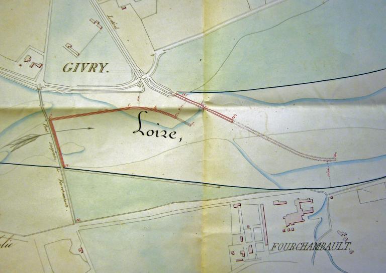 Plan relatif aux travaux à exécuter à Fourchambault et Givry pour l'établissement et la conservation du chenal des basses eaux et pour la communication du fleuve avec le canal latéral à la Loire, 25 juillet 1845, ingénieur Mutrécy-Maréchal. Détail.