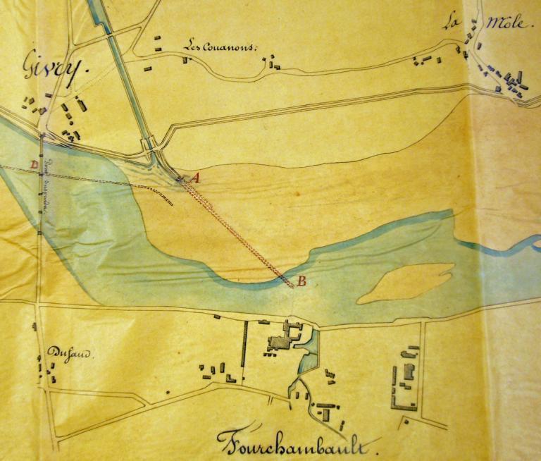 Plan de la Loire à l'embouchure de l'embranchement de Givry, 20 avril 1846, ingénieur en chef. Détail. (archives nationales, F 14 6549).