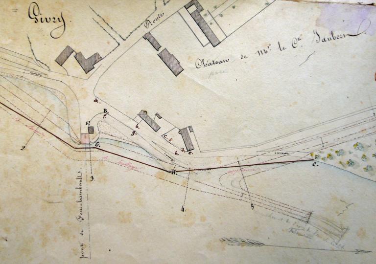 Projet d'aligner la berge et le chemin de halage aux abords du pont sur la Loire à Givry (suite à une demande des mariniers), 15 août 1839. Détail. (direction départementale de l'équipement de la Nièvre, Nevers, Boite 91). ; Projet d'aligner la berge et le chemin de halage aux abords du pont sur la Loire à Givry (suite à une demande des mariniers), 15 août 1839. Détail. (direction départementale de l'équipement de la Nièvre, Nevers, Boite 91).