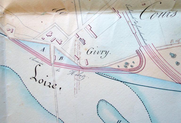 Plan indiquant les abords du pont de Givry Fourchambault, rive gauche, où a été construit le nouveau chemin de halage, 6 mai 1844, ingénieur en chef Mutrécy-Maréchal. (direction départementale de l'équipement de la Nièvre, Nevers, Boite 91).