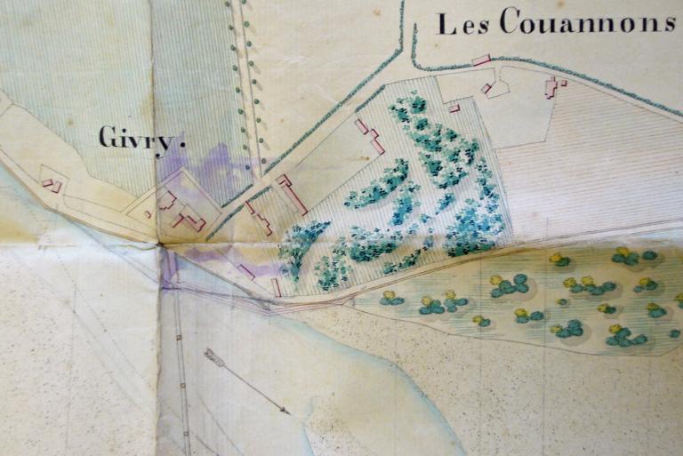 Plan relatif au projet de chemin de halage du pont de Givry Fourchambault, 5 avril 1839, ingénieur Mutrécy-Maréchal. Détail. (direction départementale de l'équipement de la Nièvre, Nevers, Boite 91).