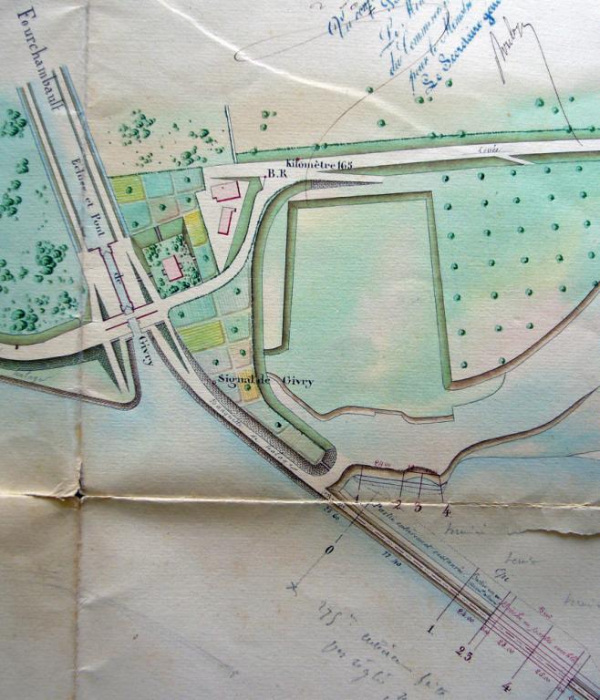 Extrait de la carte de la Loire dressée par Auguste Grenier (1853), complétée par l'ingénieur ordinaire Verdevoye le 18 juillet 1853. Détail sur l'écluse de Givry. (direction départementale de l'équipement de la Nièvre, Nevers).