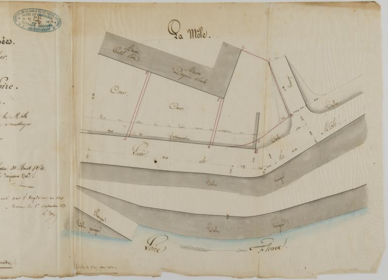 Plan d'une cale située sur la levée de la Môle dressé par l'ingénieur ordinaire le 30 août 1854. (archives départementales du Cher, 3 S 387).
