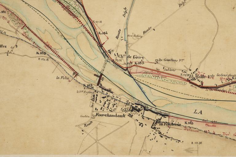 Plan général de la Loire, défense des rives entre le Bec d'Allier et Briare dressé le 19 avril 1859 par l'ingénieur ordinaire Biard. Détail sur Givry (Cours-les-Barres) et Fourchambault (Nièvre).