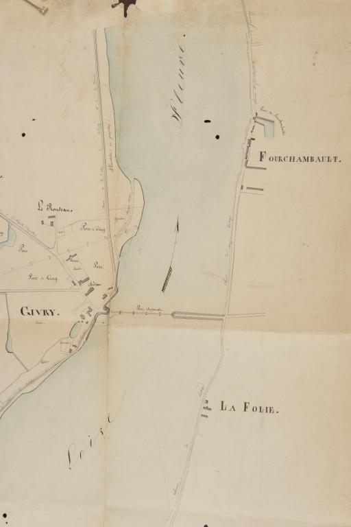 Plan général de la Loire à Givry et Fourchambault dressé par l'ingénieur ordinaire, non daté (après réalisation du pont suspendu en 1836 et avant le début du creusement de l'embranchement de Givry en 1841).