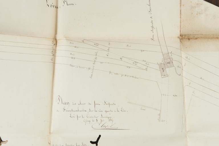Plan des abords du pont de Givry Fourchambault, côté rive gauche, 8 juin 1845, dressé par le conducteur Clusel. Détail sur la culée gauche, une rampe et une cale d'abordage.
