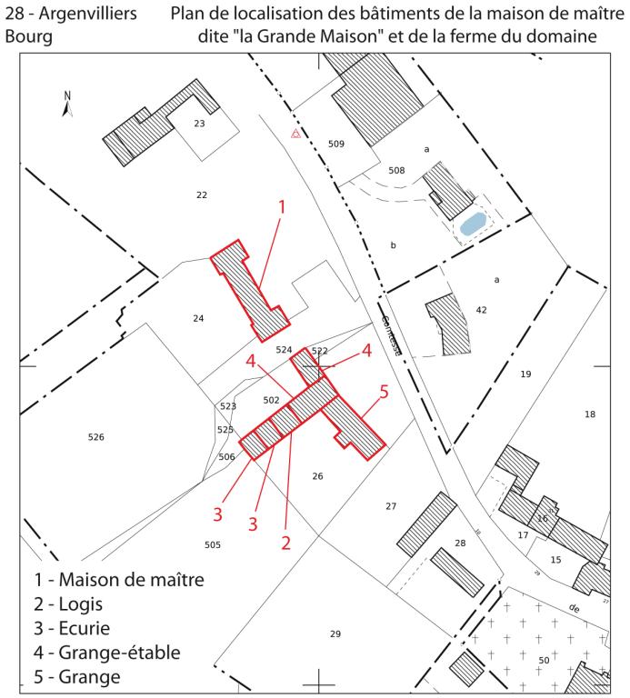 Plan de localisation des bâtiments de la maison de maître et de la ferme du domaine (fond : plan cadastral de 1992, section G).